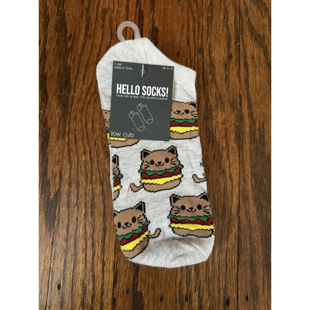 Women's Hello Socks! Gray Whimsical Kitty Hamburger Low Cut Socks Size 4-10 NWT